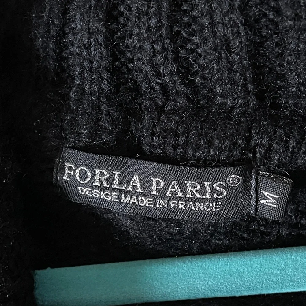 Forla Paris Sweater Black Wool Blend Floral Applique Ruffle Boho Grungy Medium - Picture 10 of 10